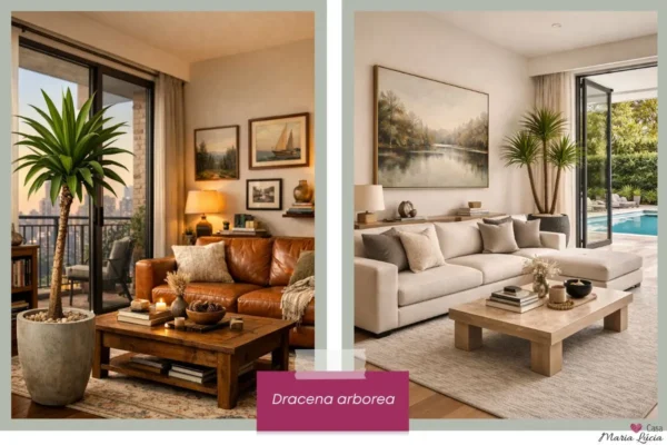 duas salas com vasos de plantas altas de dracena arborea, a primeira mesa madeira sofá de couro, quadros parede e a segunda com sofá claro mesa de centro quadro parede 