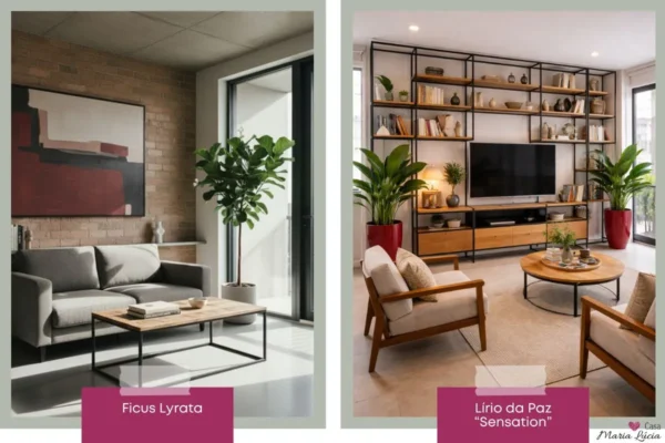 salas com plantas altas ficus lyrata e lirio da paz uma com estante de ferro preto e tv adornada com livros e objetos decorativos e outra com quadro grande acima do sofá em tons vermelho e cinza