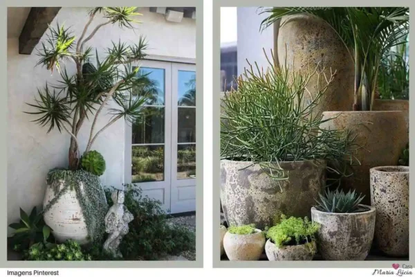 jardim pequeno com pedras e vasos de barro