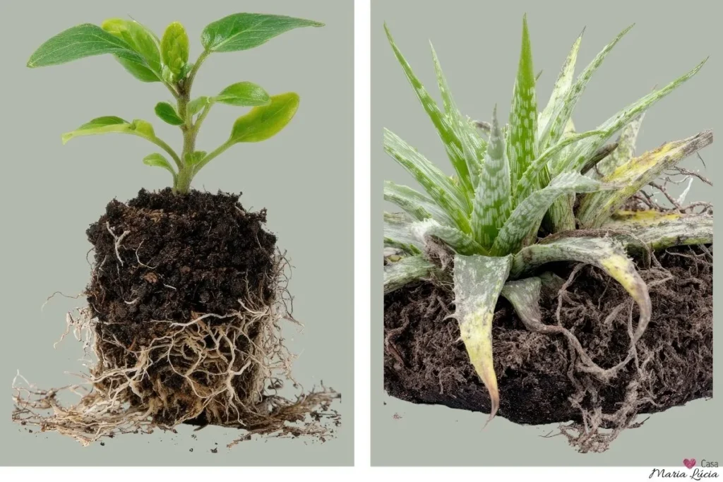 raízes visíveis de duas espécies de plantas