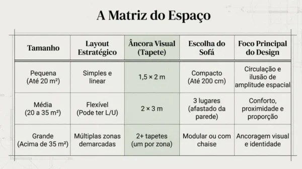 tabela de espaço sala de estar pequena media grande