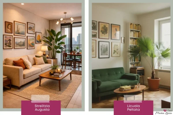 salas com sofa, um branco e outro verde retrô, quadros decorativos na parede atrás e vaso de plantas altas Strelitzia e licuala próximo a varanda e janela
