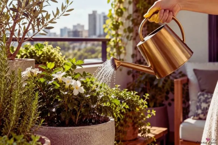 plantas na varanda de um apartamento sendo regadas