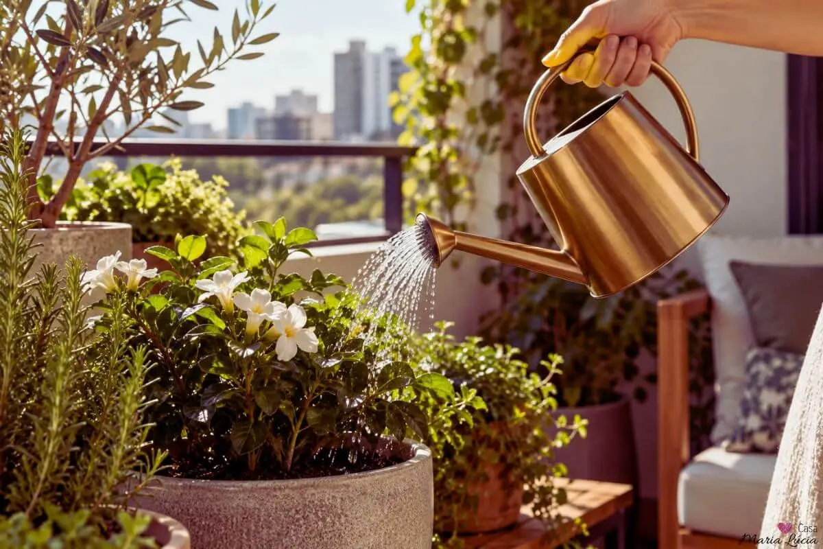 plantas na varanda de um apartamento sendo regadas