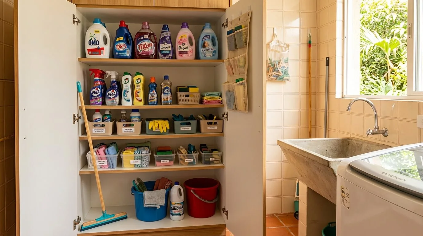 produtos de limpeza organizados em prateleiras de armário