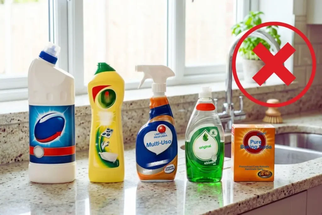 produtos de limpeza em cima de bancada de pia 