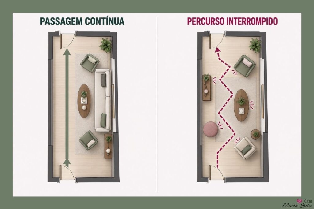 sala comprida com acesso nas extremidades